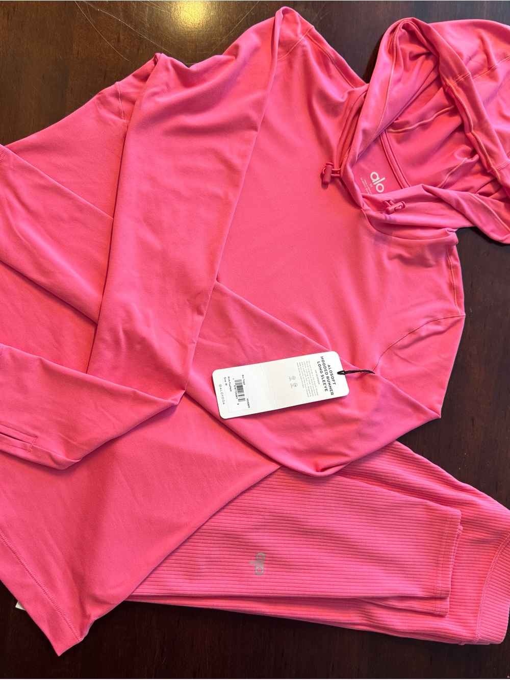 ALO AloSoft hooded runner and ribbed leggings. Rare color Pink Fuchsia NWT M/S.